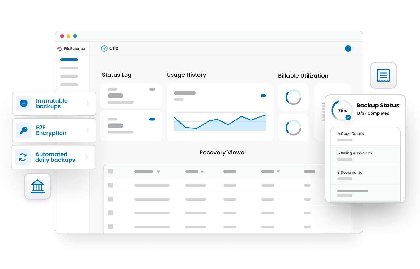 FileScience dashboard showing Clio backup status and management interface