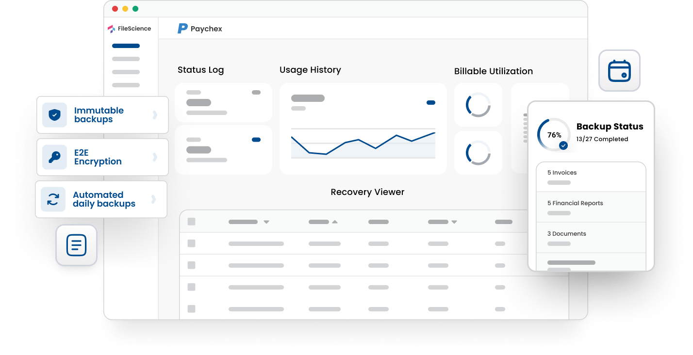 FileScience dashboard showing Paychex backup status and management interface