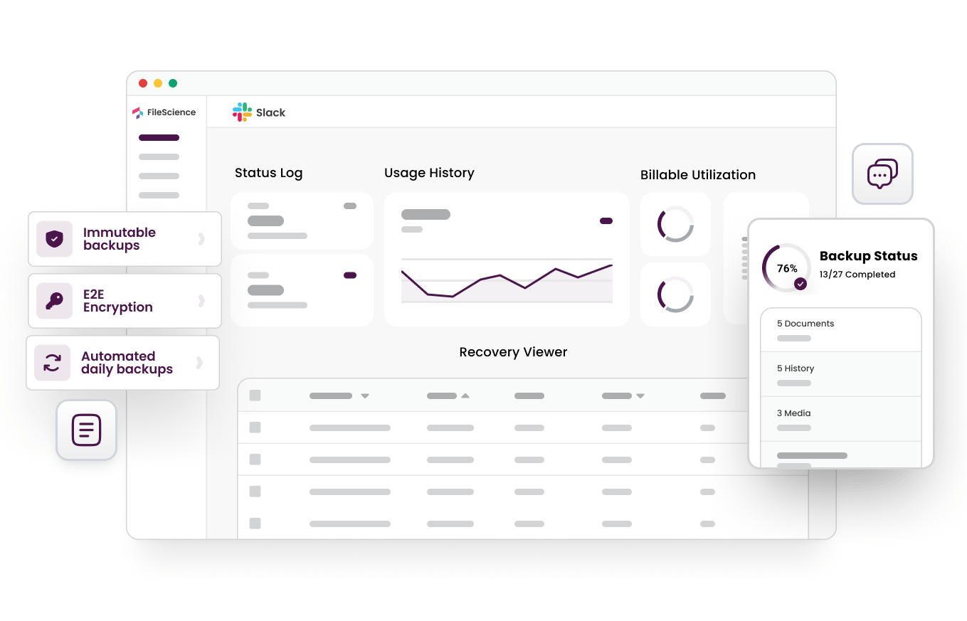 FileScience dashboard showing Slack backup status and management interface